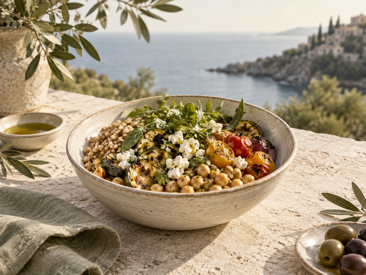 A balanced Mediterranean meal with vegetables and grains