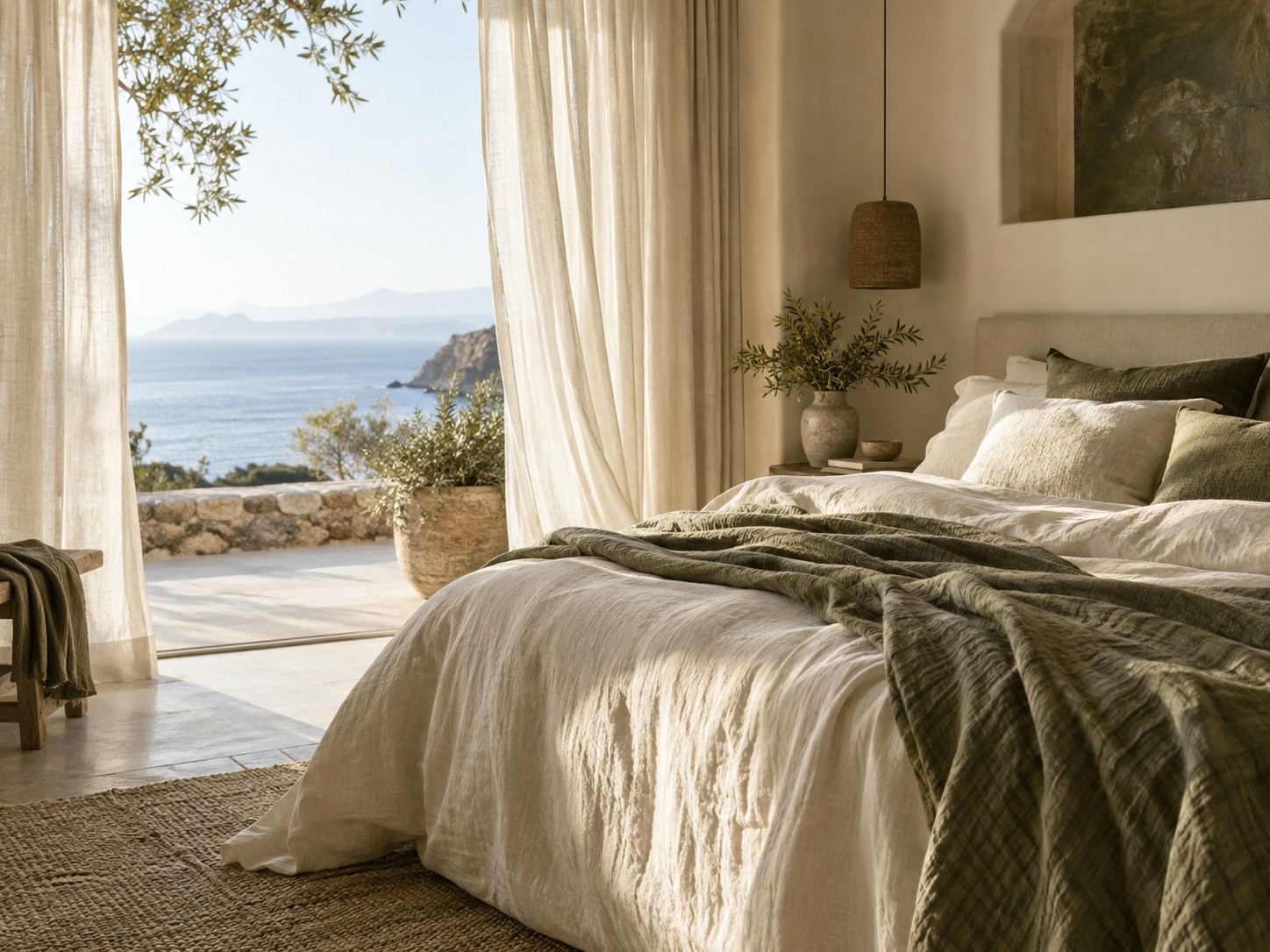 A calm linen bedroom in soft morning light